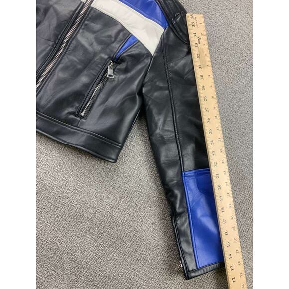 Lioness Moto Biker Jacket Women M Black Blue Faux Leather Cropped Colorblock Zip - Picture 6 of 11
